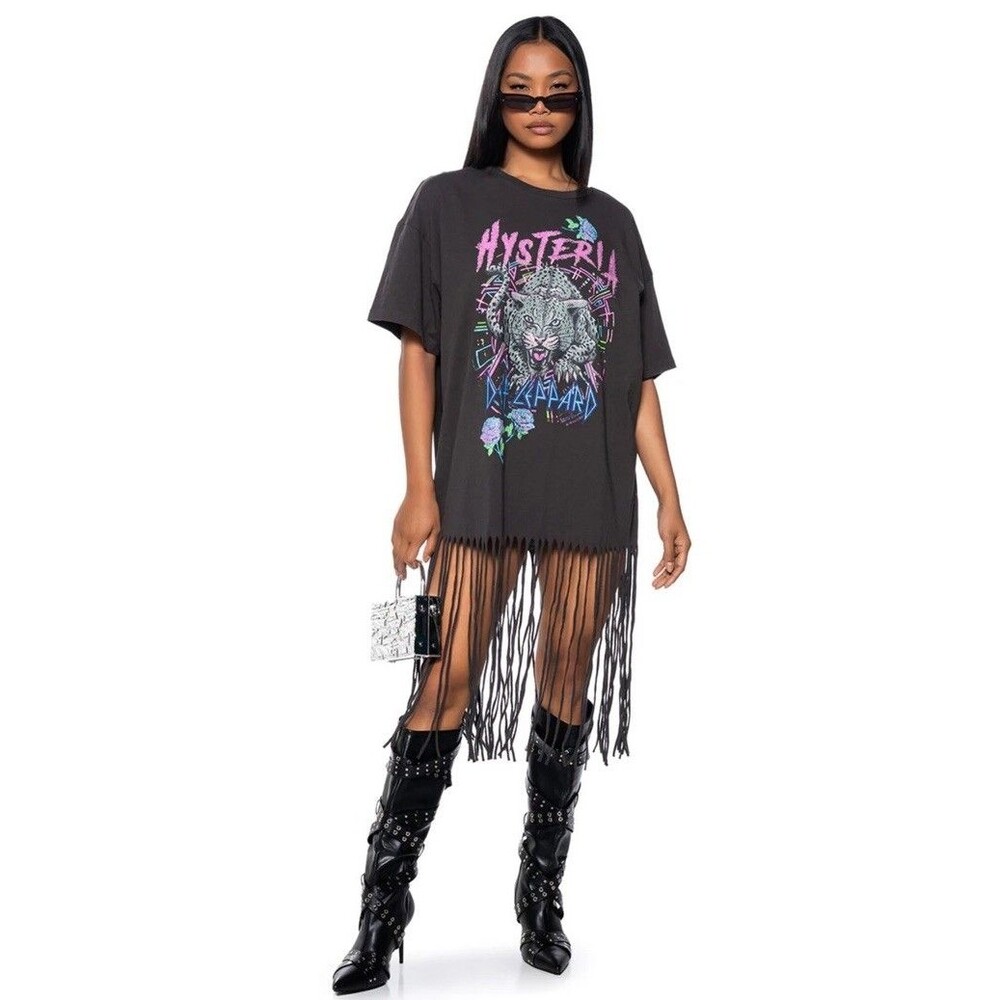 Def Leppard T-shirt Mini Dress Womens S/M Fringe Hysteria Gray Gem Rock n Roll